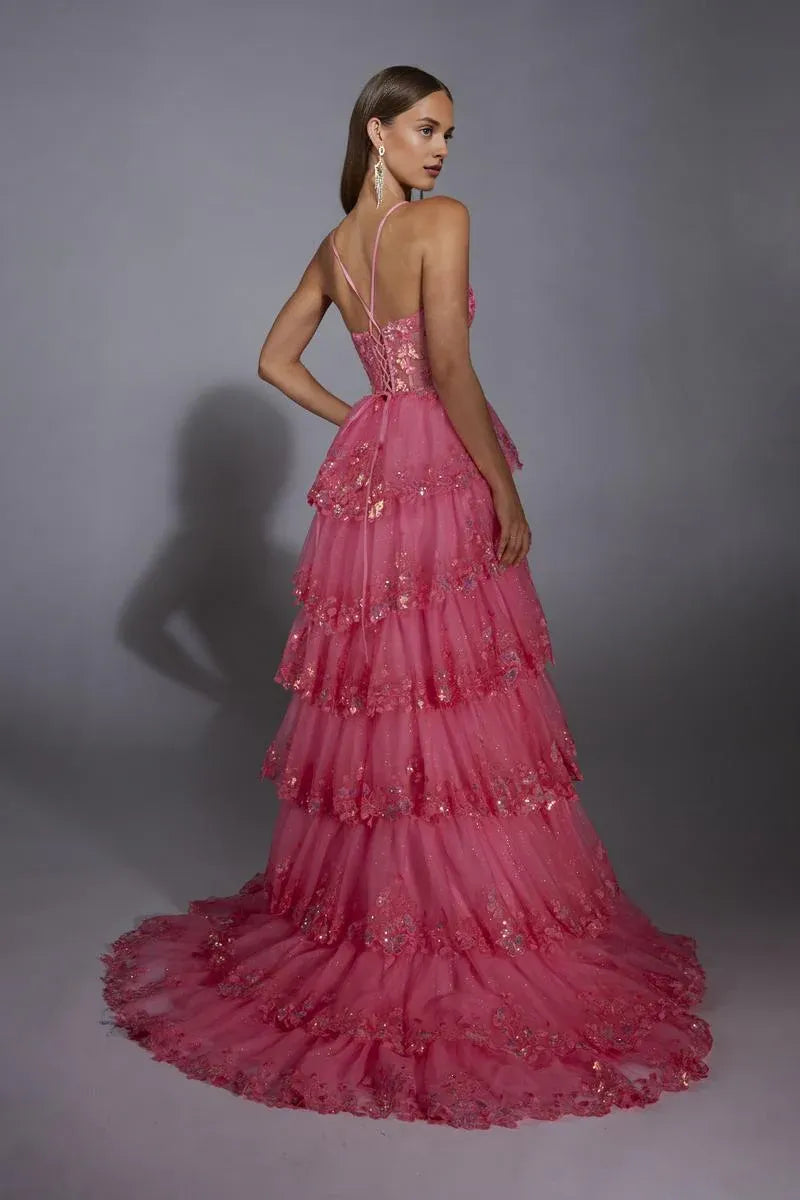 Weitese Dress Sparkle & Shine Spaghetti Straps V Neck Evening Dress A-Line/Princess Sweep/Brush Train Sequins Tiered Prom Dress